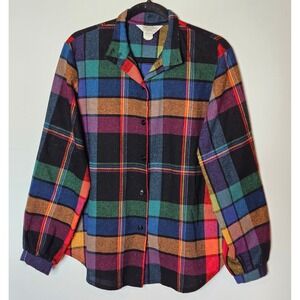 Vintage L'Abeille Sport Colorful Plaid Wool Blend‎ Button Up Shirt Womens 16